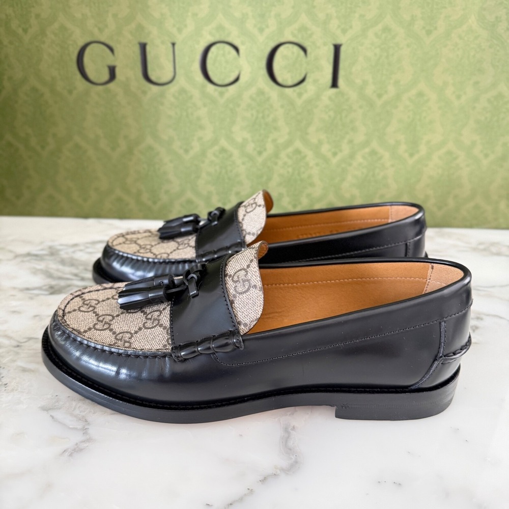 NWT Gucci 673817 Mens GG Logo Leather Loafers Shoes Black/Beige Gucci 5.5 - Picture 6 of 9
